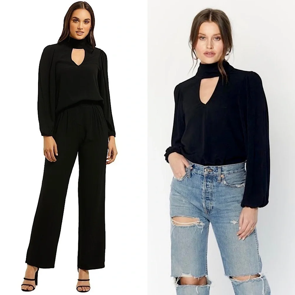 FLYNN SKYE 70s High Neck Front &‎ Back Cutout Long Puffed Sleeve Crepe Blouse M